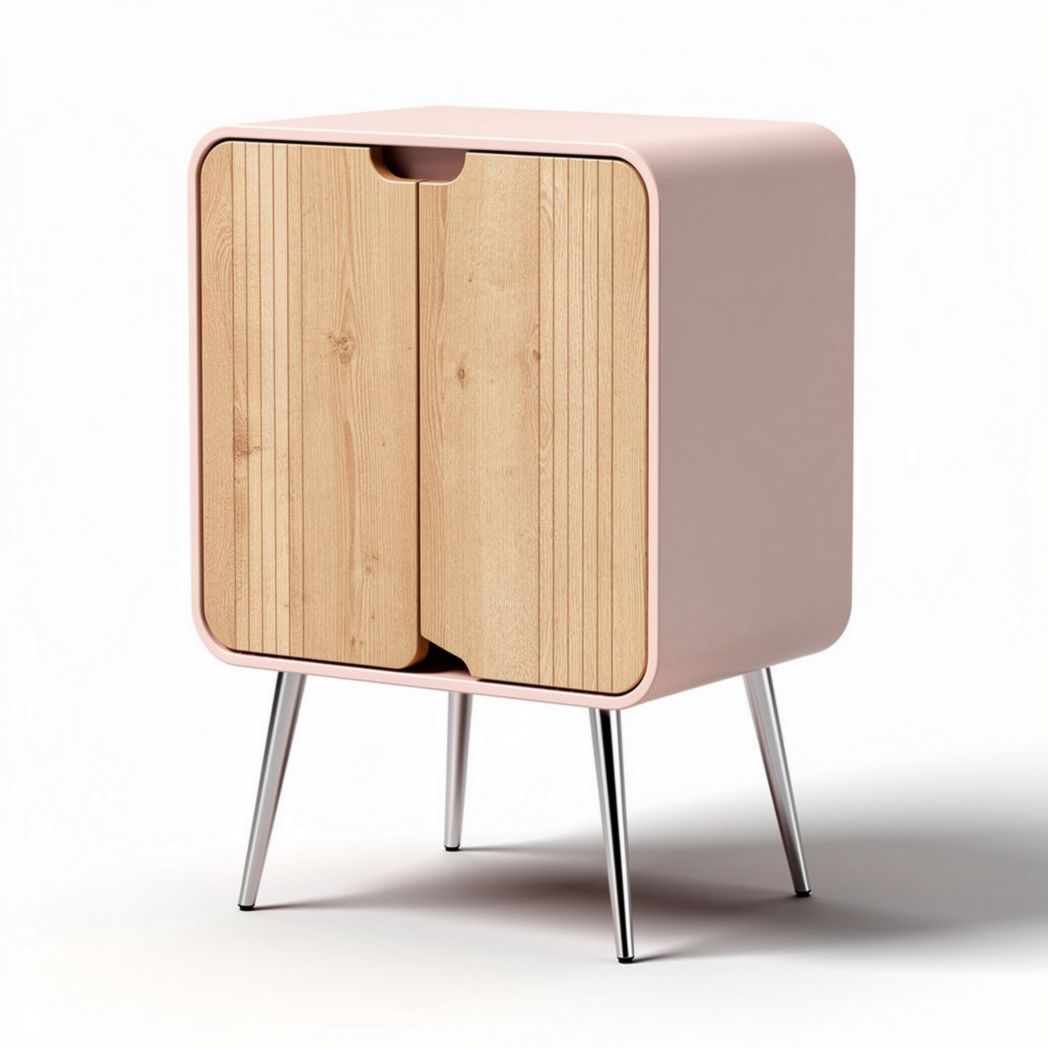 Contenitore in legno e metallo rosa con ante a ribalta e misura 40 x 40 x 60cm