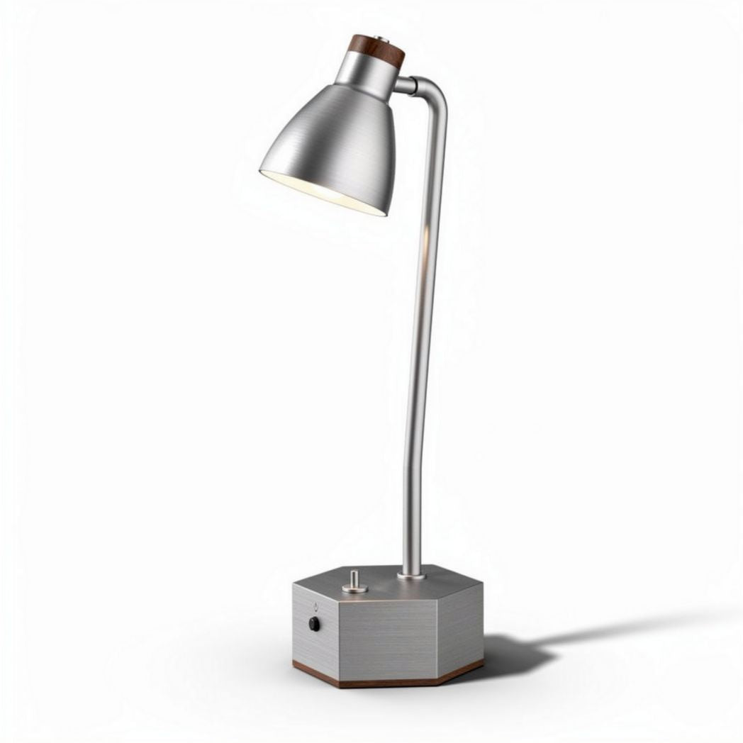 Lampada da scrivania in metallo con base quadrata in legno colore argento e marrone altezza 45cm